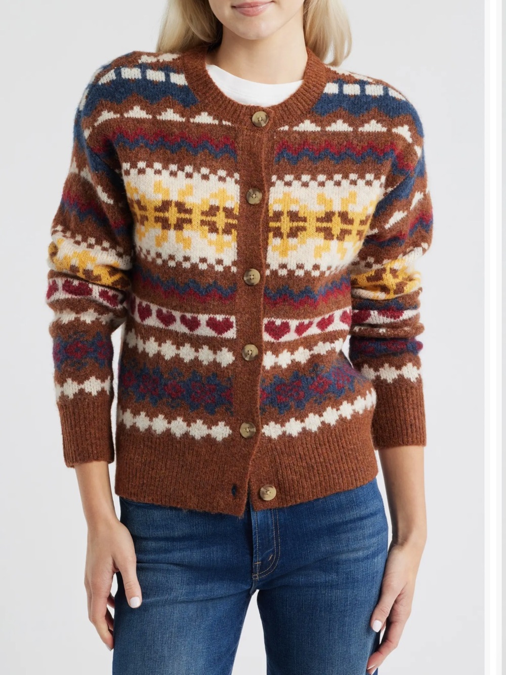 Lucky Brand Fair Isle Cardigan Sweater Women’s Medium Brown Multicolor